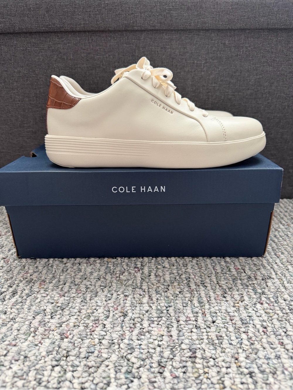 NWT Cole Haan Ivory Leather Sneakers with Brown Heel Tab